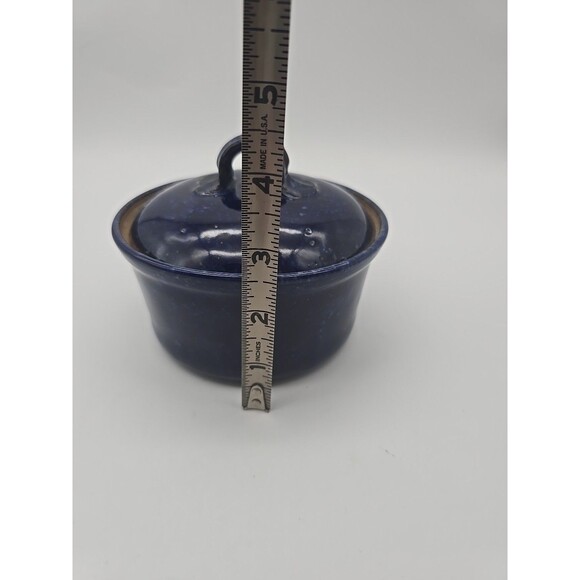 Vintage Stoneware Speckled Cobalt Blue Hand Made Sugar Bowl Signed by Artist - Picture 7 of 10